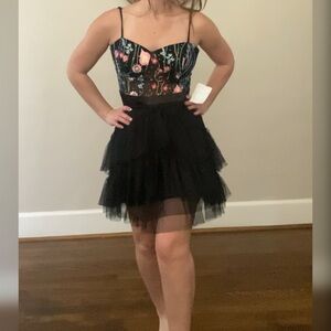 Black floral embroidered homecoming dress or short ruffle formal dress